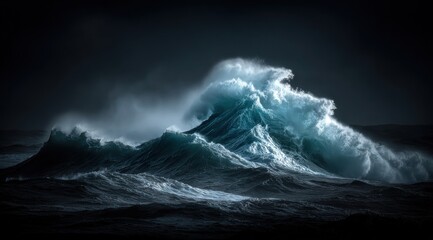 Fototapeta premium Dramatic ocean waves crash and foam, illuminated against a dark sky, displaying power and churning motion