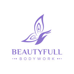 Elegant logo with a purple butterfly and hand, for beauty, spa, or wellness brands. Modern vector symbol for bodywork or therapy business.