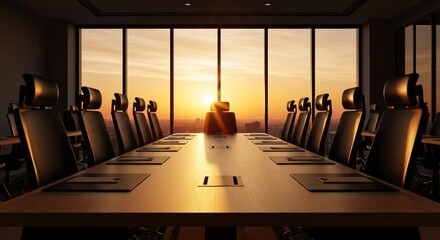Elegant Boardroom with Sunset View, Ready for Decisions