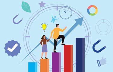 Print Business growth illustration, leadership concept, teamwork success, career progress, professional development, innovation strategy, upward arrow graph, goal achievement, corporate motivation, pr