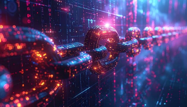 Abstract chain, digital matrix, glowing links