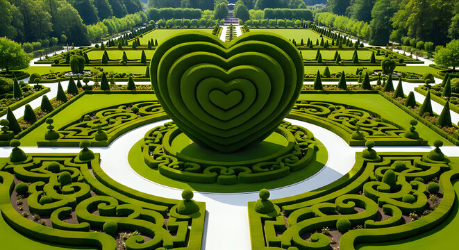 Aerial view of a meticulously manicured garden featuring a large heart shaped topiary centerpiece