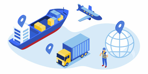 Global logistics and shipping concept with cargo ship airplane truck and globe illustration