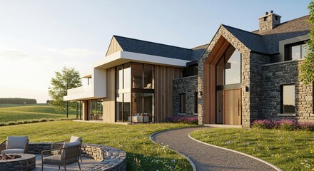 Stunning Modern Stone House with Panoramic Windows and Garden