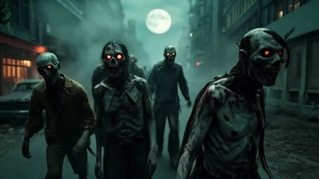 Zombies walking down a city street at night under a full moon with cars parked nearby halloween zombie video