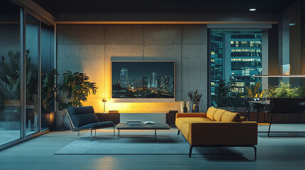 Webinar Room with Host Speaking into Camera, Modern Office Virtual Background, and Attendees Watching Attentively on Screen