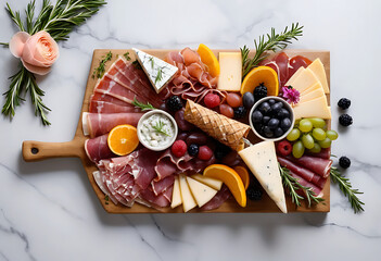 Charcuterie board with assorted meats and fruits