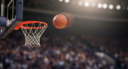 Fototapeta premium Basketball in motion, about to go through the hoop, in a stadium.