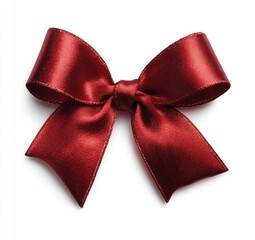 Maroon satin bow with central knot, casting a subtle shadow on a bright white background