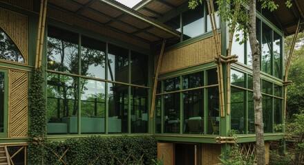 Eco-Friendly Bamboo and Glass Retreat Nestled in a Lush Tropical Forest, Showcasing Sustainable Modern Architecture and Biophilic Design