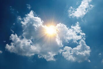 Radiant sunlight bursts forth from behind a fluffy white cloud formation against a vibrant azure blue sky backdrop