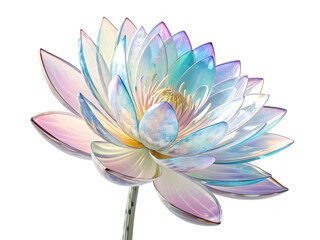 Naklejka premium Holographic Glass Lotus Flower Pastel Rainbow Colors Iridescent Petals Floral Design Element isolated on a transparent background