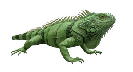 Vibrant green iguana portrait with detailed scales majestic reptile pose captured in studio lighting transparent background