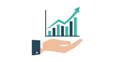 Hand holding a growing bar chart with an upward arrow.