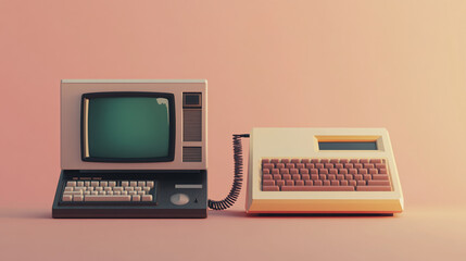 Old Desktop Mobile Phone with Bulky Design Next to Ancient Desktop Computer Monitor Displaying Pixelated Graphics, 90s Vibe