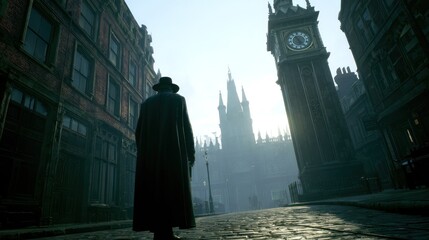 Man in dark coat faces Big Ben clock tower on a London street on a sunny day