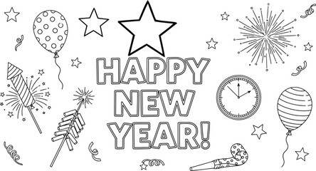 Festive New Year's Eve celebration elements for a coloring activity