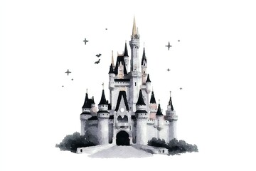 Obraz premium Watercolor illustration of a fairytale castle with stars and flying birds