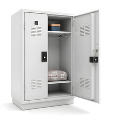 Modern locker storage with open doors and shelves, functional design