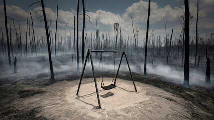 Verlassene Schaukel im verbrannten Wald - Kindheitserinnerung in der Asche - Stille nach dem Feuer