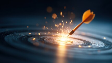 Dart in bullseye, sparking. Concentric rings create depth. Dark, moody background emphasizes precision