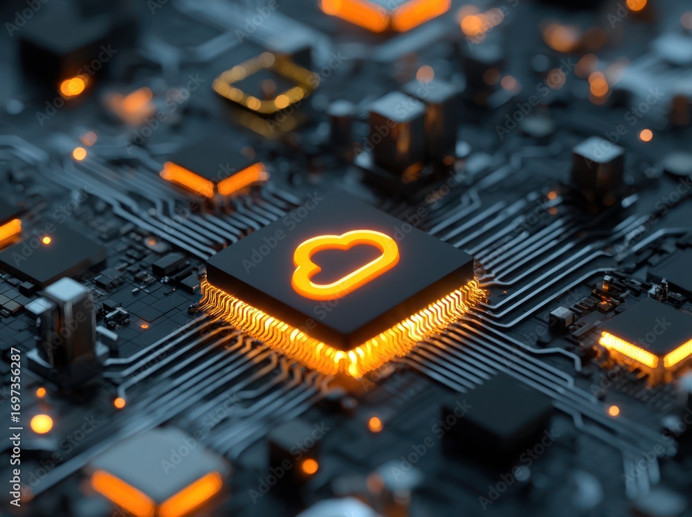 Poster close-up view of a circuit board with a glowing cloud icon on a processor chip, showcasing intricate