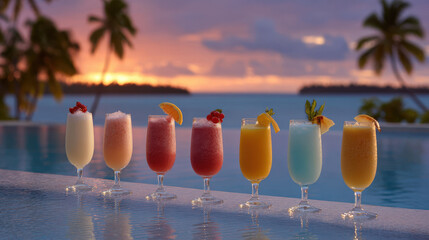 stunning array of top  famous cocktails on edge of luxurious pool at dusk where soft glow of evening lights