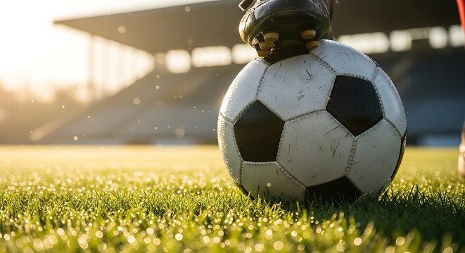 A soccer ball resting on the grass with a player's foot, stadium background.
