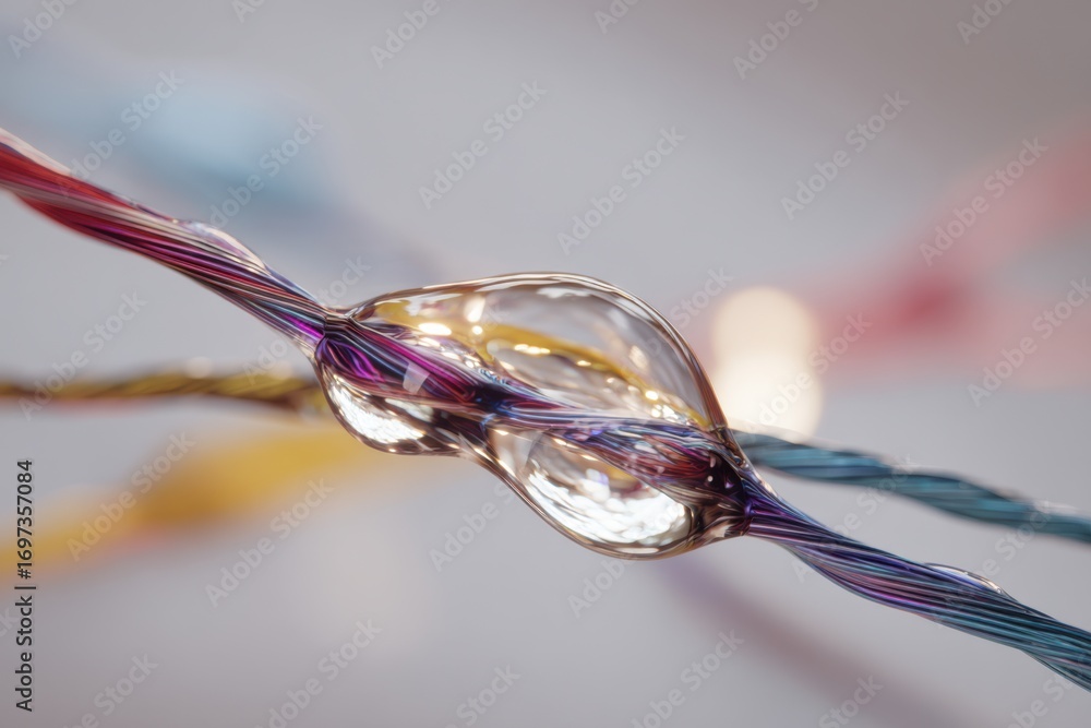 Poster close-up view of colorful thin wires with bubbles captured against a soft background in an abstract 