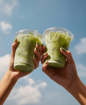 Matcha Green Tea Iced Drink Cheers in Clear Plastic Glasses Under Blue Sky in Summer