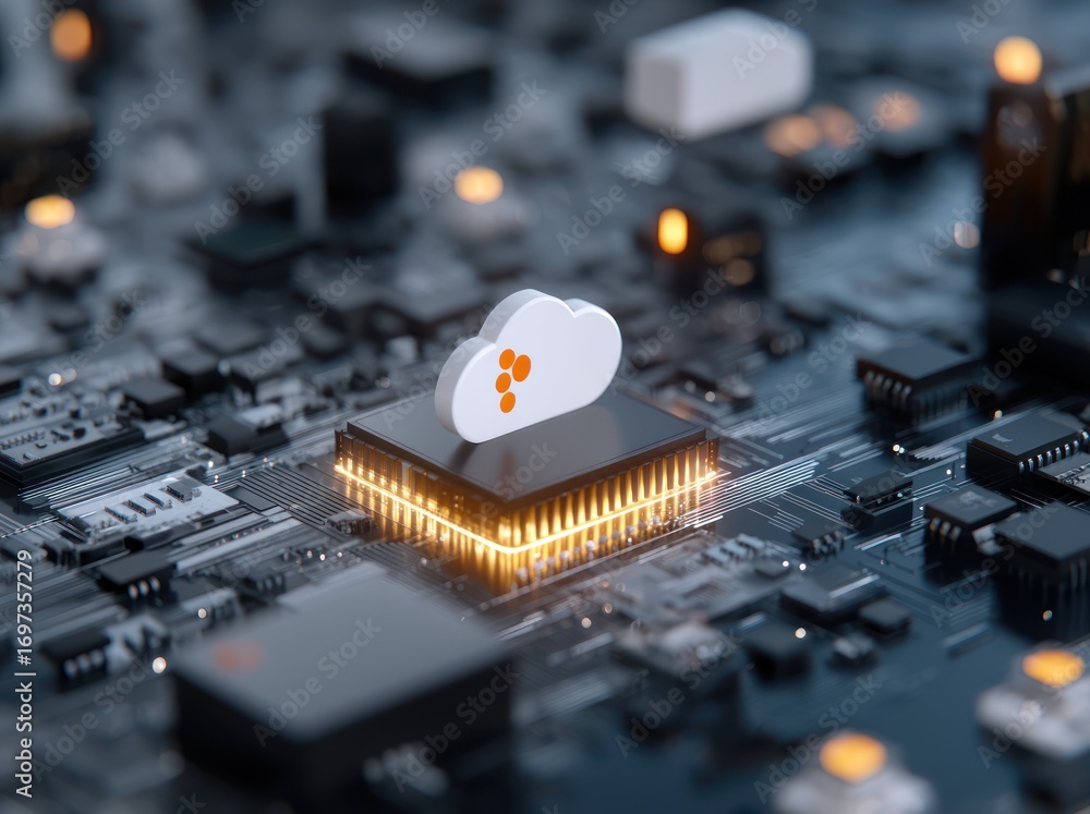 Poster a technological illustration showcases a cloud symbol positioned over a central processing unit, nes