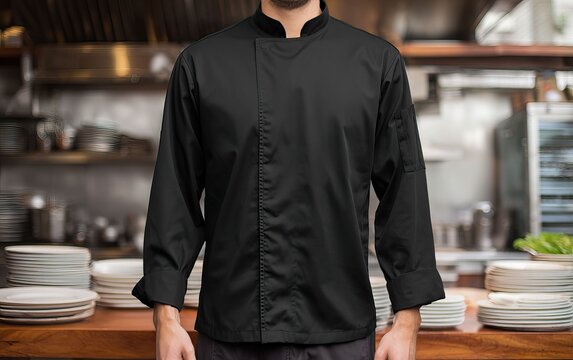 A person wearing a black chef's jacket stands in a restaurant kitchen