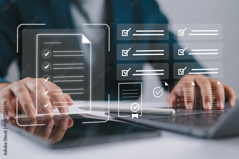 Poster digital checklist system for business professionals managing tasks and projects for efficiency, plan
