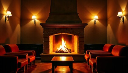 Cozy Fireside Lounge Bar Warm Ambiance with Roaring Fireplace and Comfortable Armchairs
