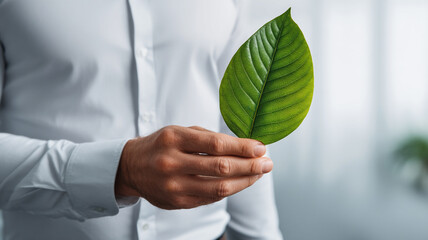 Green leaf held by hand in workplace symbolizing evolution of sustainable practices and eco friendly innovation in modern business environment