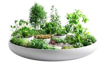 Herb garden planter with basil, parsley, and other herbs in a white pot for home decor isolated on transparent background