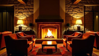 Cozy Fireside Lounge Bar Warm Ambiance with Roaring Fireplace and Comfortable Armchairs