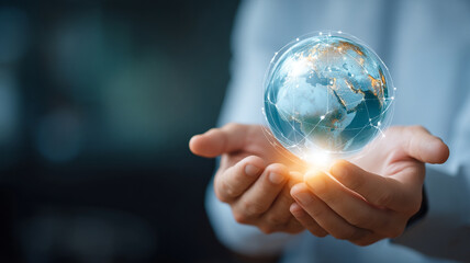 Global network connection and digital evolution symbolize future workplace held in hands with glowing light and technology