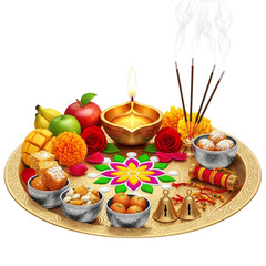 Celebrate joyous festivals with auspicious puja thali, sweets, fruits, diya, incense, and blessings