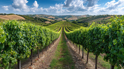 lush green vineyards stretch across rolling hills of italy bathed in warm summer sunlight