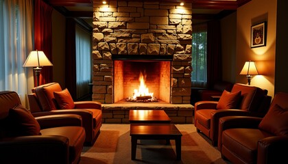 Cozy Fireside Lounge Bar Warm Ambiance with Roaring Fireplace and Comfortable Armchairs