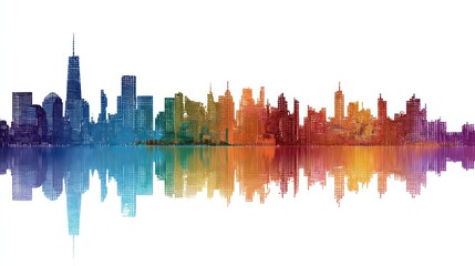 Obraz premium Colorful city silhouette reflects on water against a white background, creating a vibrant and artistic cityscape