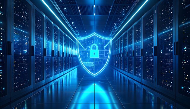 Futuristic server room with security shield - Powered by Adobe