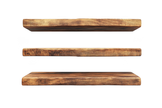 Three tier wooden shelves rustic wall mounted shelving unit home decor storage solution isolated on transparent background - Powered by Adobe