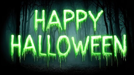 Spooky Green Text Happy Halloween Against Dark Forest Background