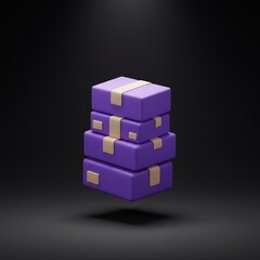 A pile of sealed purple shipping boxes, 3D rendered as a modern logistics icon. Symbolizing delivery, e-commerce orders, and supply chain management.