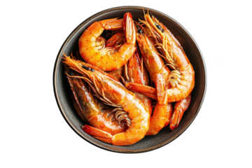 Delicious cooked shrimp prawns seafood in bowl ready to eat appetizer fresh and tasty culinary delights isolated on transparent background