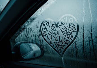 Runic heart drawn on misty vehicle window