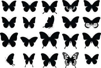 Collection of various black butterfly silhouettes, flying butterflies vector set, insect shapes, nature illustration, diverse butterfly designs, isolated on white background, elegant insect icons