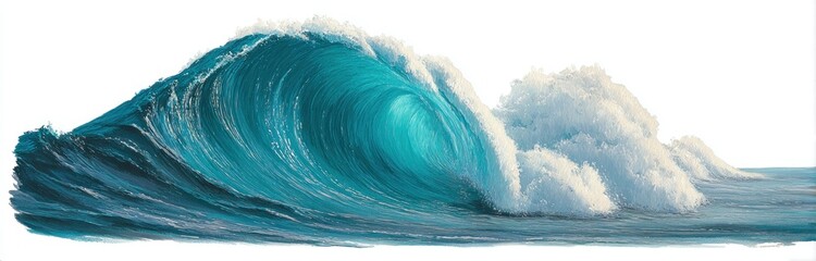 Ocean wave with foamy crest curling toward the viewer. Teal and white shades create depth, painted texture